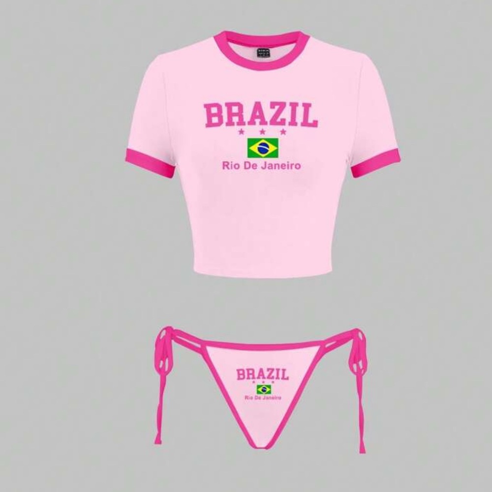 Pink Brazil Crop Top and Bikini Set